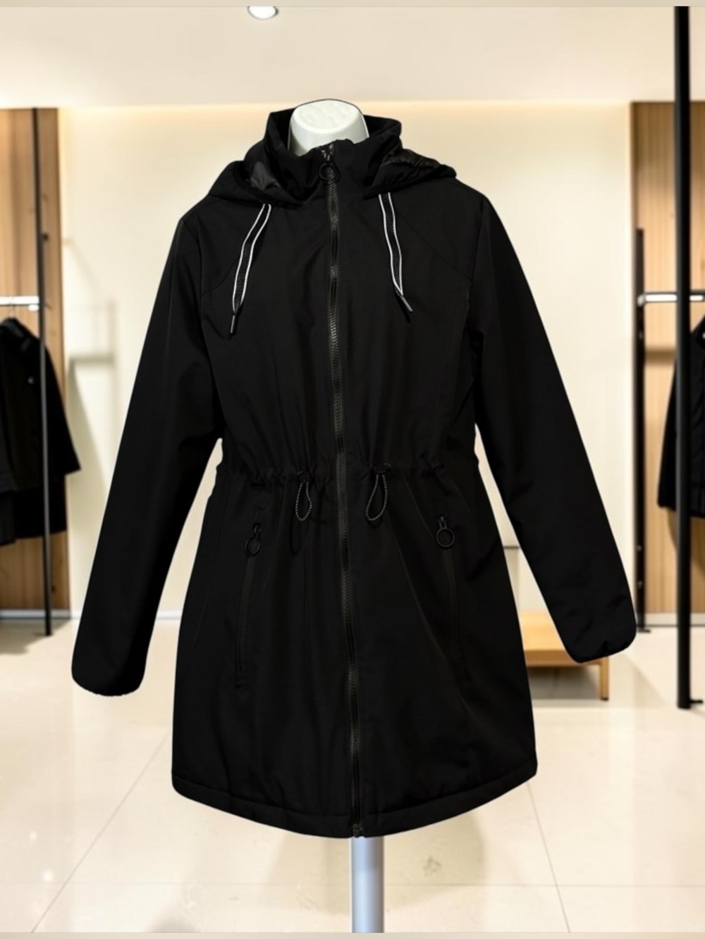 Lily Morgan, Black Hooded Coat, Adjustable Waist Spring Fall Jacket, Medium 🍂